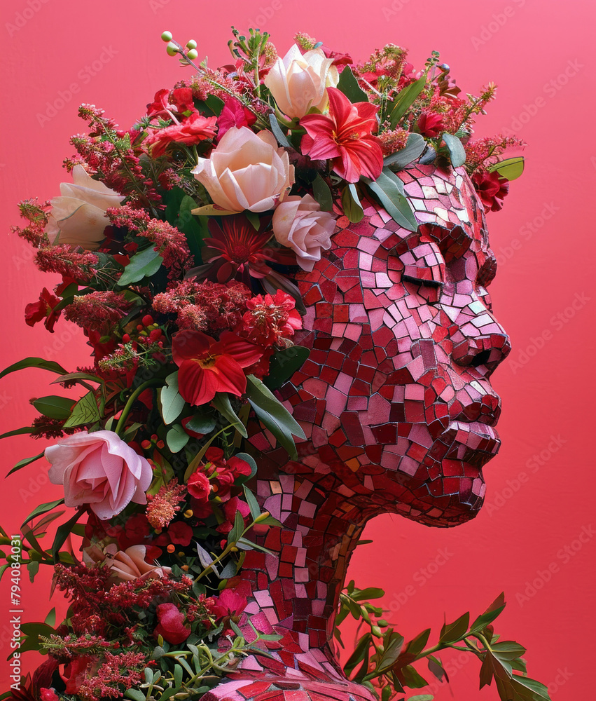 Woman with Flowers in Hair Surrounded by Mosaic of Flowers on Red Background, Floral Beauty Portrait - obrazy, fototapety, plakaty 