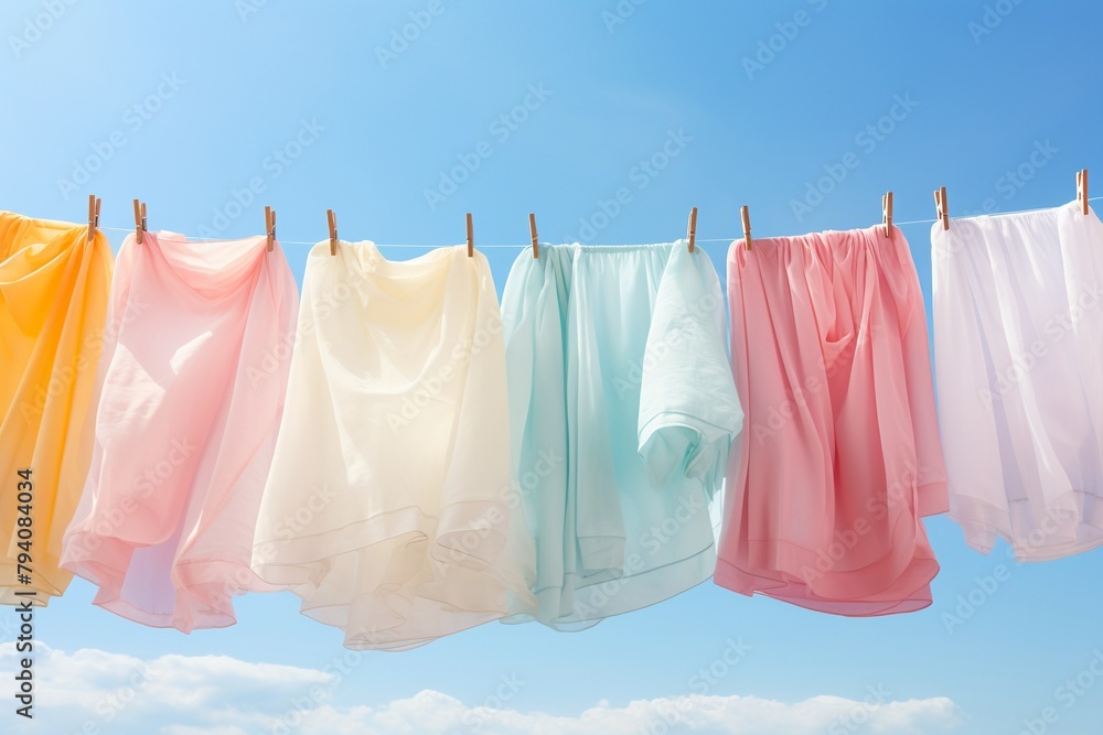 Light and airy fabrics fluttering on a clothesline, caught in a gentle midday breeze under the clear sky, symbolizing clean and vibrant energy Light and airy fabrics fluttering on a clothesline, caught in a gentle midday breeze under the clear sky, symbolizing clean and vibrant energy