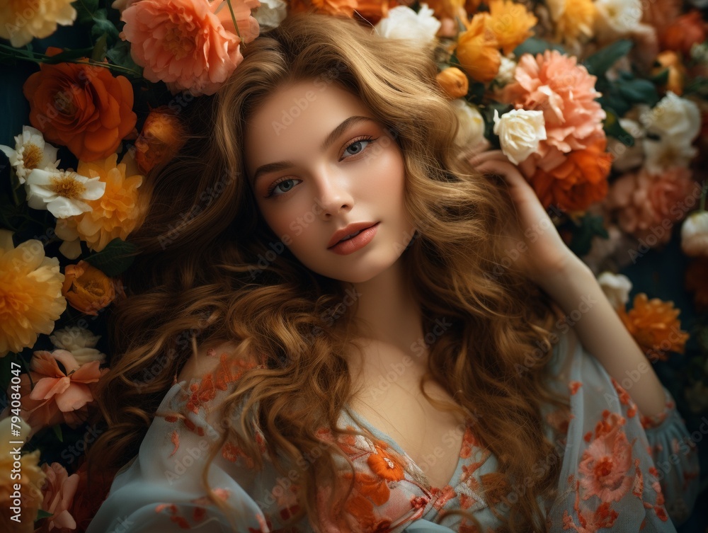Gentle closeup of a young woman adorned with vibrant flowers, the composition leaving open space to enhance the tranquil mood Gentle closeup of a young woman adorned with vibrant flowers, the composition leaving open space to enhance the tranquil mood