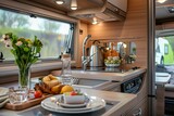 Interior of a motorhome or mobile home, camper, view of nature from the window