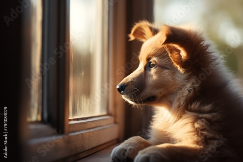 Poignant image of a puppy with its back to the camera, peering out a window, evoking feelings of waiting and hopefulness
