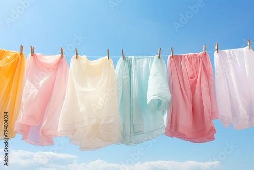 Light and airy fabrics fluttering on a clothesline  caught in a gentle midday breeze under the clear sky  symbolizing clean and vibrant energy