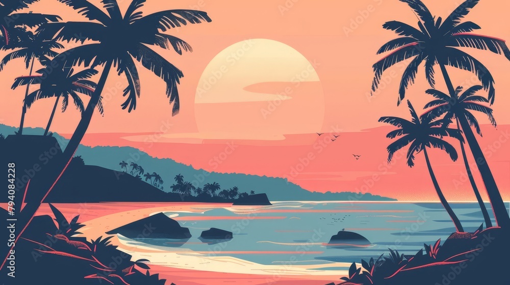 minimalist vector illustration of picturesque tropical beach landscape with palm trees at sunrise