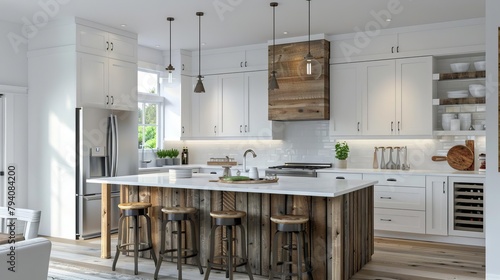 minimalist timeless kitchen design with wooden island and white cabinetry 3d rendering photo