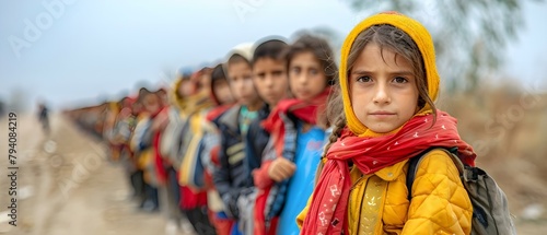 Seeking Safety: Refugees in line at border crossing during humanitarian crisis. Concept Refugees, Border Crossing, Humanitarian Crisis, Safety, Migration