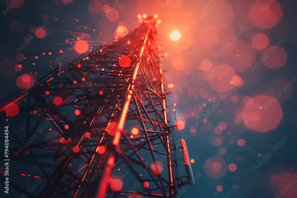 A futuristic wireframe-based visualization with a 5G tower against a ...