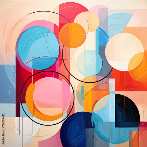 Vibrant art paint with colorful circles and squares in tints and shades