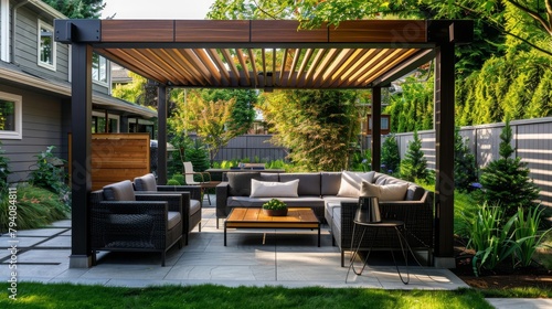 modern outdoor patio with wooden pergola and comfortable seating contemporary garden furniture design