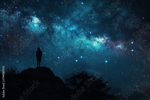 a person standing on top of a hill under a night sky filled with stars