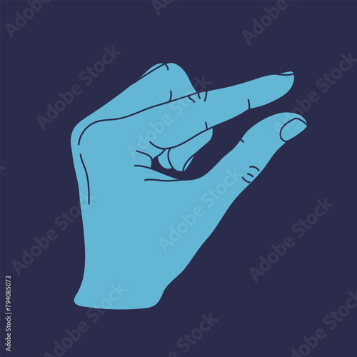 Measuring hand isolated on blue background. Human hand showing size gesture. Hand showing small amount. Vector illustration