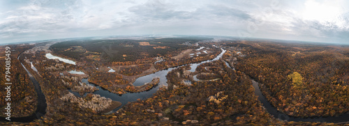 Autumn wide fish-eye aerial panorama of Siverskyi Donets river valley with wooded riverbanks in Ukraine photo