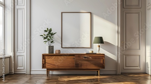 Interior of modern living room with white walls, wooden floor, long wooden chest of drawers with vertical mock up poster frame and plant, Generative AI illustrations.