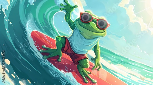 illustration of a cartoon frog on a surfboard in the sea, Generative AI illustrations. photo
