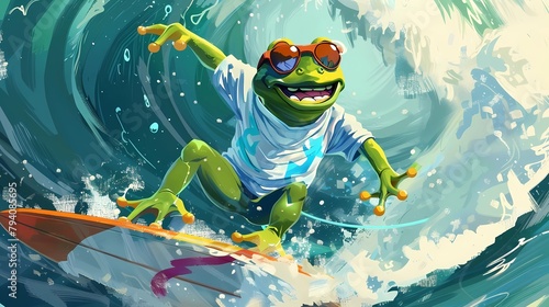 Frog skier on a surfboard in the water, Generative AI illustrations. photo