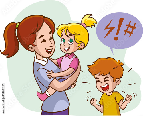 Sad and angry child looking at his mother holding her baby. child is jealous of his mother flat vector illustration. Sibling rivalry concept for family relationship, banner, website design or landing 