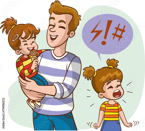 Sad and angry child looking at his mother holding her baby. child is jealous of his mother flat vector illustration. Sibling rivalry concept for family relationship, banner, website design or landing 