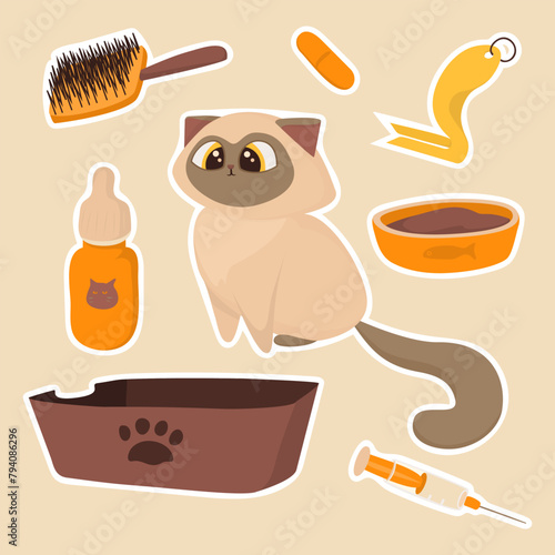 A set of cute minimalist stickers related to pet care and veterinary medicine, including a picture of a cat, on a beige background