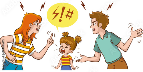 Angry mother and father fought in front of their children. Fighting man and woman couple upsets the girl child. Relationship conflict, divorce problem flat vector illustration