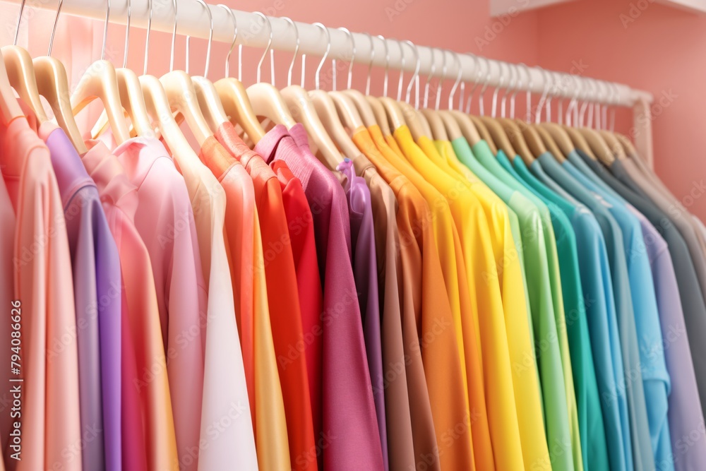 Colorful array of clothes hanging on a rack in a pink room.
