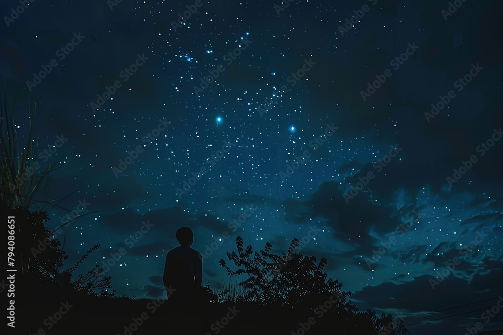 a man sitting on a hill watching the stars