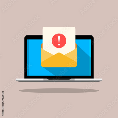 Laptop screen showing an envelope and a document with an exclamation mark, symbolizing notifications, alerts, emails, and spam in a flat design illustration