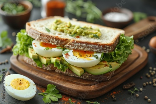 There is a wooden cutting board on the kitchen table. On a cutting board there is a crispy, toasted sandwich with lettuce, avocado, and a boiled egg. spices and herbs around