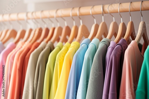 Colorful sweaters hanging on wooden hangers in a white closet space.