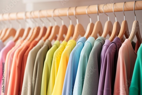 Wallpaper Mural Colorful sweaters hanging on wooden hangers in a white closet space. Torontodigital.ca