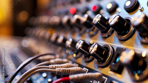 A close up of a modular synthesizer with patch cables. photo
