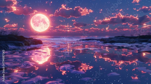 a beautiful landscape with a large pink moon and a starry sky