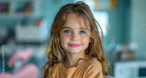 Wallpaper Mural Smiling young girl with wavy hair at a bright indoor setting Torontodigital.ca