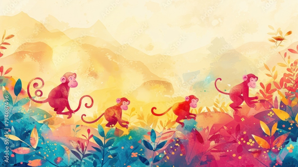 Mischievous Monkeys Frolicking Adventure in a Vibrant Watercolor Landscape