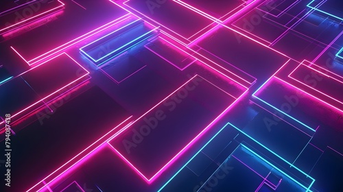 Futuristic Geometric Abstract Composition with Vibrant Neon Lighting and Gradient Backdrops