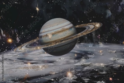the planet Saturn in space in a horizontal format, Science-themed image as a JPG. Generative ai. Beautiful simple AI generated image in 4K, unique. photo