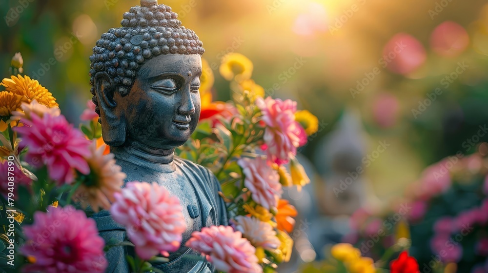serene buddha statue surrounded by colorful flowers spiritual zen meditation concept