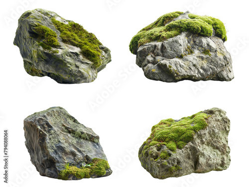 Rocks with moss, isolated on transparent or white background, 3d rendering, Architectural and landscape concepts