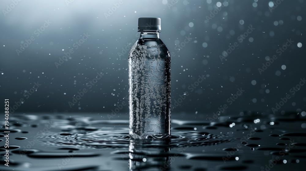 A plastic bottle filled with drinking water is placed in a pool of liquid. The clear fluid inside the bottle contrasts with the surrounding water, creating a visually interesting scene - obrazy, fototapety, plakaty 