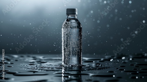 A plastic bottle filled with drinking water is placed in a pool of liquid. The clear fluid inside the bottle contrasts with the surrounding water, creating a visually interesting scene photo