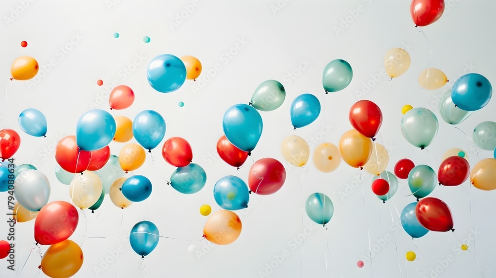 Vibrant Cascade of Colorful Balloons Against Crisp White Backdrop Capturing Joyous Festive Atmosphere with High Clarity and Soft Airy Lighting in Vibrant Cascade of Colorful Balloons Against Crisp White Backdrop Capturing Joyous Festive Atmosphere with High Clarity and Soft Airy Lighting in