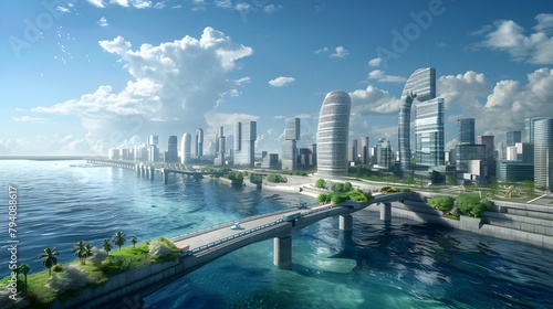 Urban Planning for Climate Resilience: Coastal Cityscape with Advanced Sea Walls photo