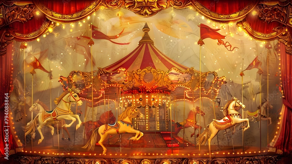 Vibrant Vintage Carnival Backdrop with Glowing Carousel Horses and Nostalgic Lights