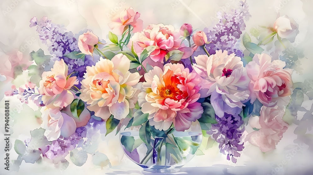 Vibrant Watercolor Bouquet of Pastel Peonies Roses and Lilacs in a Glass Vase with Soft Flowing Brushstrokes and Hazy Serene Lighting Vibrant Watercolor Bouquet of Pastel Peonies Roses and Lilacs in a Glass Vase with Soft Flowing Brushstrokes and Hazy Serene Lighting