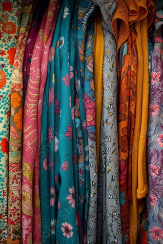 Close up of colorful clothes in second hand clothing shop, charity shop, thrift store, street market
