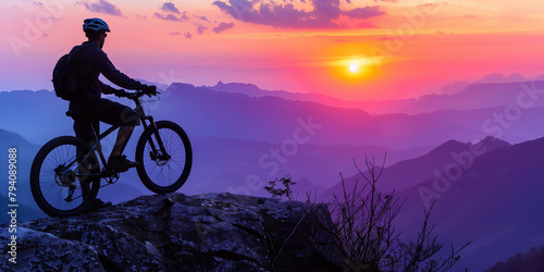 Mountain biker silhouette at sunrise