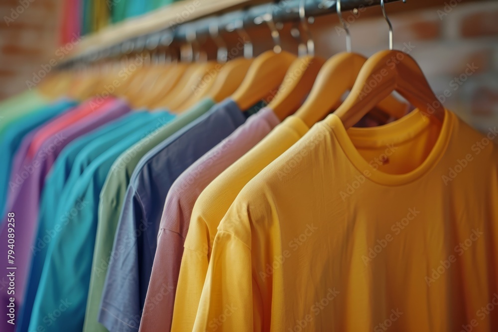 Fototapeta premium Close up of colorful t-shirts on hangers for man, apparel background. Variety of colors of mens t-shirts. Gray, black, white, olive, green, blue, burgubdy. High quality photo