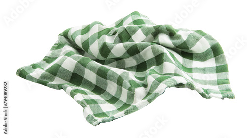 A crumpled green and white striped kitchen towel on a white background.