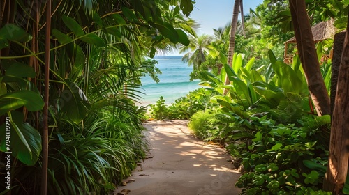 Lush Tropical Pathway Leading to a Secluded Summer Beach Escape
