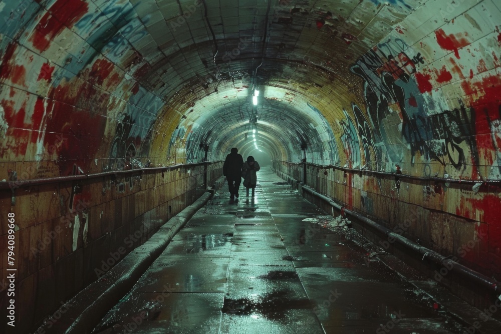 two people walk forward along a long underground tunnel, the tunnel is decorated with multi-colored variegated tiles and covered with graffiti. pipes and wires stretch along the tunnel