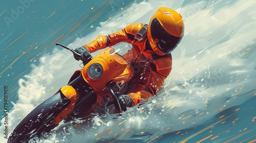 Dynamic illustration of a motorcyclist clad in orange racing gear, riding at high speed with artistic motion blur effects.