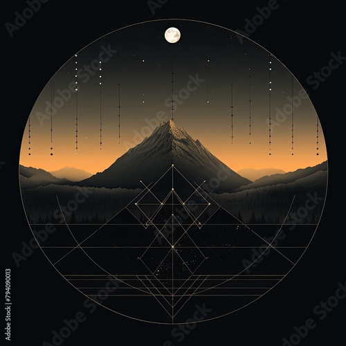 Minimalist mountain landscape, geometrically precise, with esoteric symbols and a captivating luminism backdrop photo